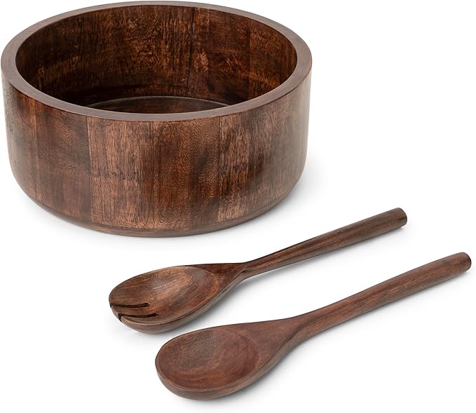 Luxe Designs 12" Dark Burnt Wooden Salad Bowl Set with Serving Utensils Eco-Friendly, Multipurpose Mixing & Serving Bowl for Salads, Pasta, Fruits & More – Durable & Stylish Kitchen Essential