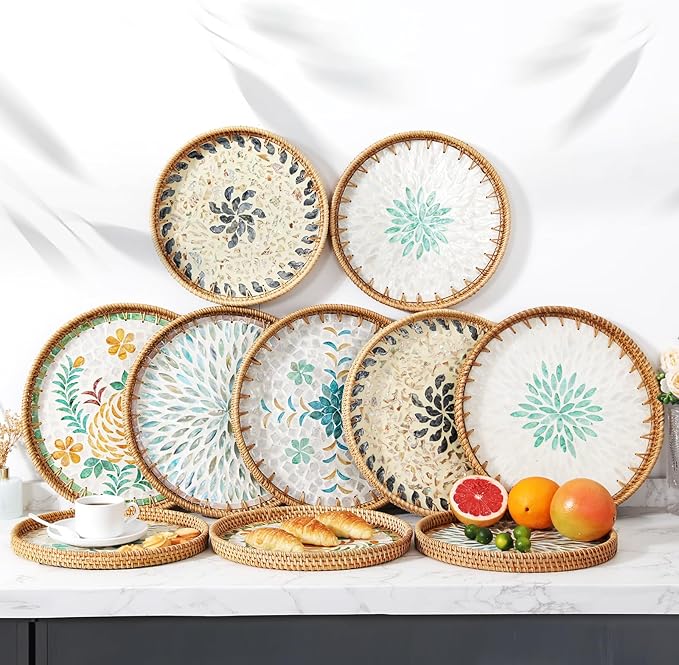 Rattan Serving Tray with Mother of Pearl, Round Coffee Table Tray Decor, Round Wicker Tray, Boho Decorative Tray, Woven Tray (Lucky Flower, 12" & 14")