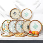 Rattan Serving Tray with Mother of Pearl, Round Coffee Table Tray Decor, Round Wicker Tray, Boho Decorative Tray, Woven Tray (Lucky Flower, 12" & 14")
