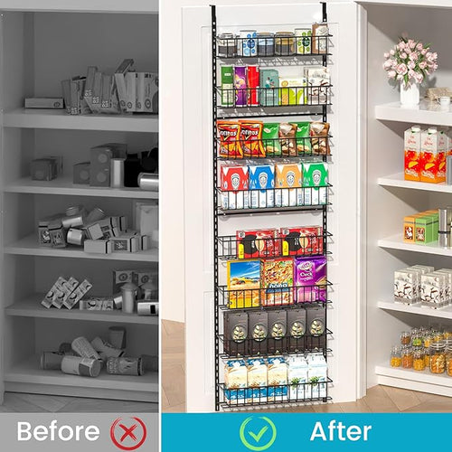 8-Tier Pantry Door Oragnizer, Over The Door Pantry Organizer Rack and Storage, Hanging Spice Rack Shelves Door, Home Office Laundry Room Bathroom & Kitchen Organization Essentials Metal