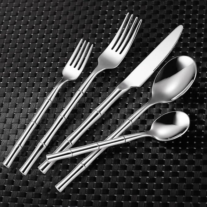 20 Pieces Bamboo Flatware Set Silverware Set Service for 4 Stainless Steel Fine Vintage Flatware Cutlery Set with Bamboo Design Handle Forged Restaurant Hotel Party Wedding Housewarming Gift Polished