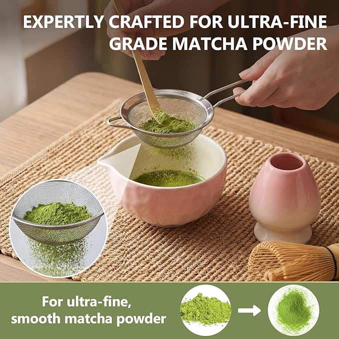 8 Pcs Matcha Whisk Set, Complete Ceramic Matcha Set Includes Bowl & Holder, Whisk, Scoop, Spoon, Tea Towel and Stainless Steel Sifter, Perfect Kit for Matcha Lovers (Pink)
