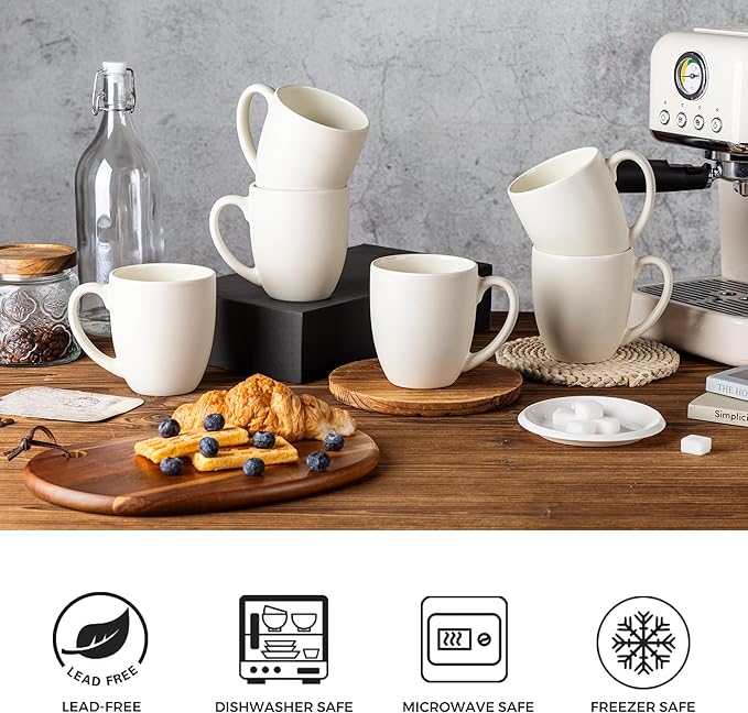 GBhome 12oz Coffee Mugs Set of 6, Large Ceramic Coffee Mugs for Man, Woman, Dad, Mom, Modern Coffee Mugs Set with handle for Tea/Latte/Cappuccino/Milk/Cocoa. Dishwasher&Microwave Safe,ivory
