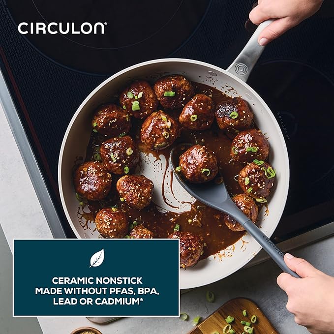 Circulon Halo with LaserDefense Ceramic Nonstick Frying Pan with Helper Handle and Lid, Made without PFAS, Compatible with All Stovetops, Dishwasher and Oven Safe, 12 Inch Skillet - Pearl White