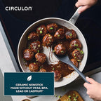 Circulon Halo with LaserDefense Ceramic Nonstick Frying Pan with Helper Handle and Lid, Made without PFAS, Compatible with All Stovetops, Dishwasher and Oven Safe, 12 Inch Skillet - Pearl White