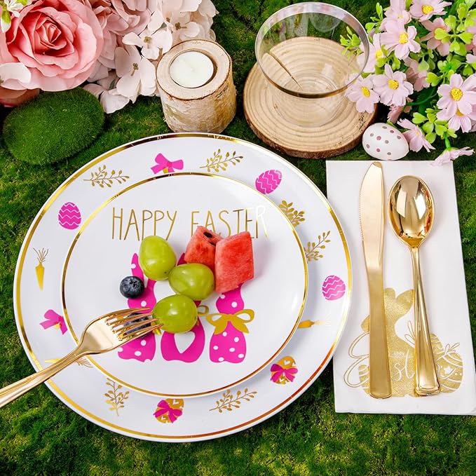 Hioasis 175pcs Easter Plastic Plates, Bunny Plastic Disposable Dinnerware Set Include 25 Dinner Plates, 25 Dessert Plates, 25 Forks, 25 Knives, 25 Spoons, 25 Napkins，25 Cups Perfect for Easter Party