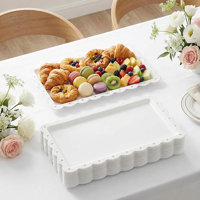 Peohud 12 Pack White Plastic Serving Tray with Lace Rim, Rectangle Food Trays, Disposable Serving Platters and Trays for Party, Wedding, Restaurant, 14.4" x 9.3"