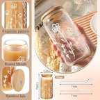 Mumufy 1 Pack Bridesmaid Gift Glass Cups, Cute Flower Mason Jars with Bamboo Lids & Straws, 16oz Iced Coffee Tumblers for Wedding, Bridal Party, Birthday, Mother's Day(Boho Flower)