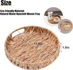 Round Woven Coffee Table Ottoman Tray with Handles - 11.8" x 1.9" Water Hyacinth Wicker Serving Tray, Decorative Storage Basket for Home & Kitchen.