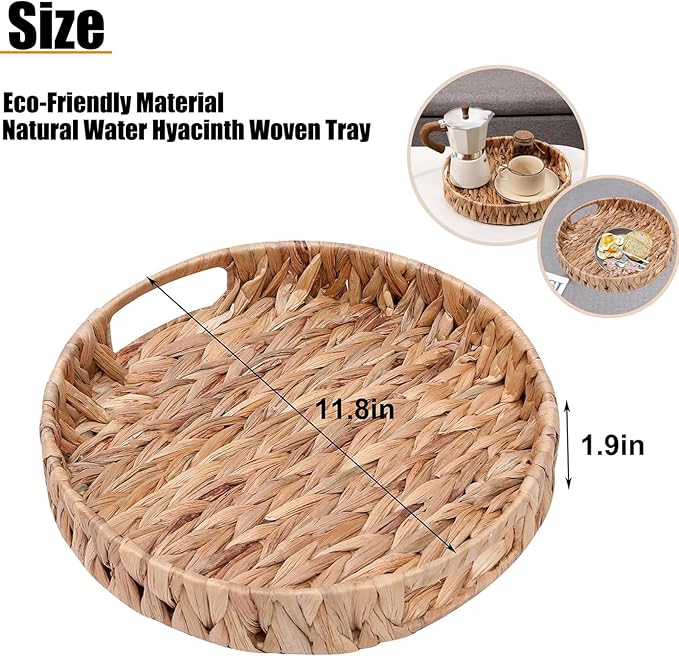 Round Woven Coffee Table Ottoman Tray with Handles - 11.8" x 1.9" Water Hyacinth Wicker Serving Tray, Decorative Storage Basket for Home & Kitchen.