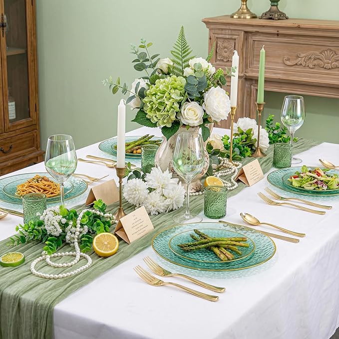 Rubtlamp 350 Pcs Green Plastic Dinnerware Set, Green and Gold Plastic Plates, Hammered Party Plates Include Dinner Platos, Dessert Platos, Cups, Gold Cutlery Set And Napkins for Party