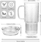 32oz Ribbed Glass Cup with Handle Lid and Straw，Borosilicate Glass Tumblers, Iced Coffee Cups Modern Glass Mug Hot/Cold Drinks for Smoothies, Tea, and Juice (clear-2Pack-glass Lid)