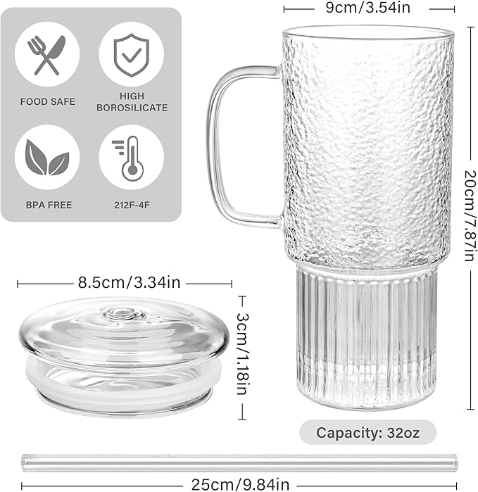 32oz Ribbed Glass Cup with Handle Lid and Straw，Borosilicate Glass Tumblers, Iced Coffee Cups Modern Glass Mug Hot/Cold Drinks for Smoothies, Tea, and Juice (clear-1 Pack-glass Lid)