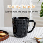Ceramic Coffee Mugs Set of 4, 14oz Black Coffee Cups with Embossed Grid Texture, Modern Minimalist Coffee Mug for Latte Cappuccino Tea Cocoa, Dishwasher & Microwave Safe, Ideal Housewarming Gift