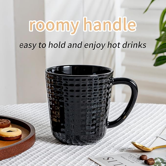 Ceramic Coffee Mugs Set of 4, 14oz Black Coffee Cups with Embossed Grid Texture, Modern Minimalist Coffee Mug for Latte Cappuccino Tea Cocoa, Dishwasher & Microwave Safe, Ideal Housewarming Gift