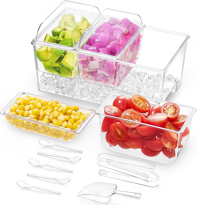 Lifewit Taco Bar Serving Set for Party with 3 x 20 oz Containers & Components, Ice Chilled Condiment Caddy Organizer, Garnish Serving Tray Platter for Mimosa Bar Accessories, Fruit, Salad, Food
