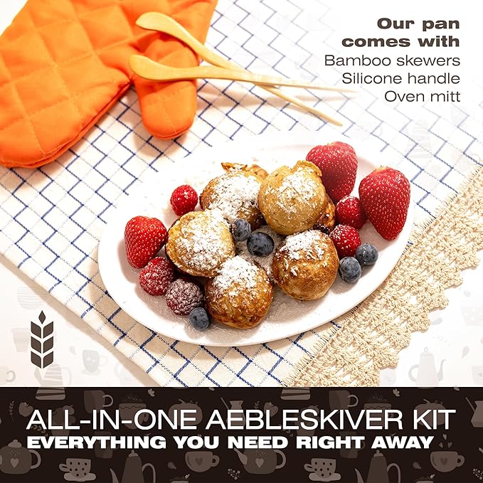 KUHA Cast Iron Aebleskiver Pan | Pre-Seasoned Pan for Authentic Danish Pancake Making, Poffertjes, Takoyaki, Appam & Paniyaram | Silicone Handle, Oven Mitt & Bamboo Skewers Included | 7.9" Diameter