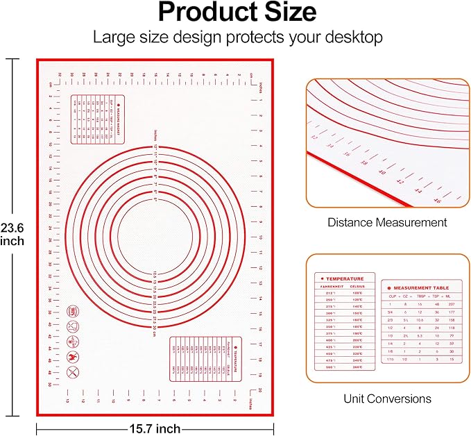 HOOMIL Silicone Baking Mat, Non-Stick, Non-Slip, Extra Large Pastry Mat for Rolling Dough, Bread Pie Crust Pizza Cookies Fondant Making, with Measurements - 24"x16"