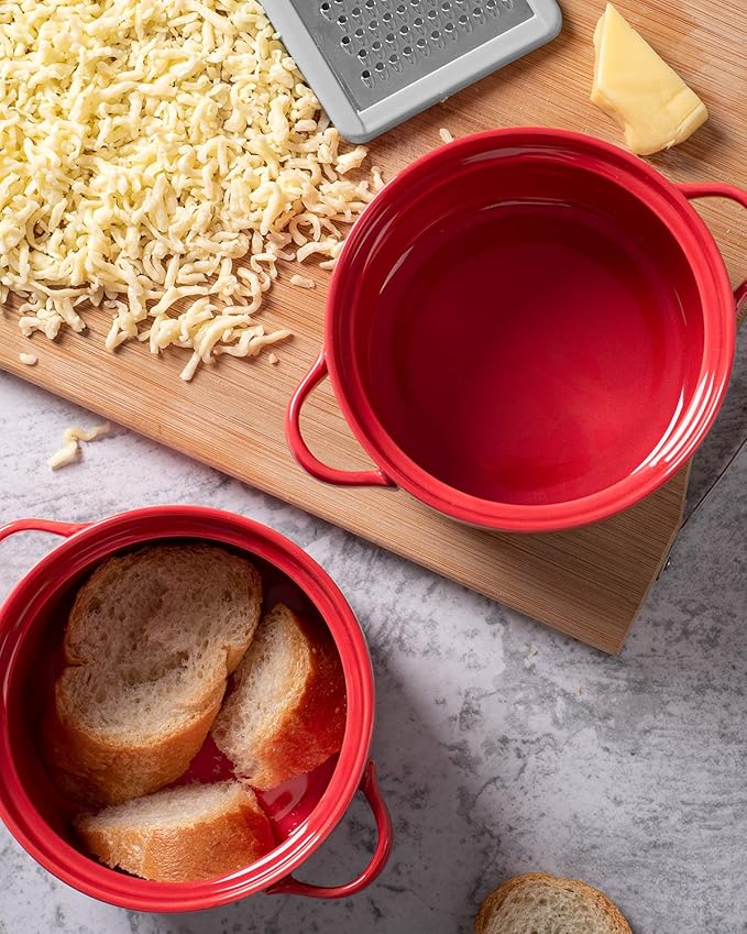 DELLING French Onion Soup Bowls with Handles Set of 6-24 oz Ceramic Soup Crocks Oven Safe, Porcelain Soup Bowl for Chili, Stew, Cereal - Red Stackable Microwave Dishwasher Safe
