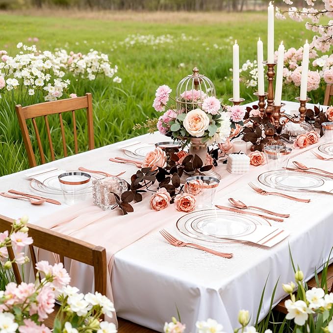 GATHER 350PCS Rose Gold Plastic Plates - Disposable Rose Gold Dinnerware Includes 100 Clear Rose Golds Rimmed Plastic Plates, 150 Silverware, 50 Napkins, 50 Cups for Party, Wedding, Mother's Day