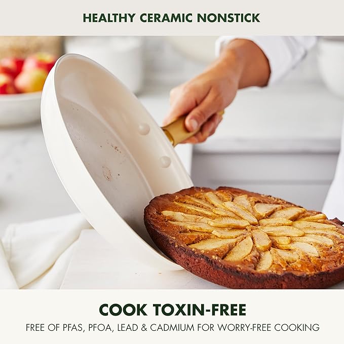 GreenPan Hard Anodized Healthy Ceramic Nonstick 8" 10" & 12" 3 Piece Frying Pan Skillet Set, Gold Handle, PFAS-Free, Dishwasher Safe, Oven Safe, Cream White