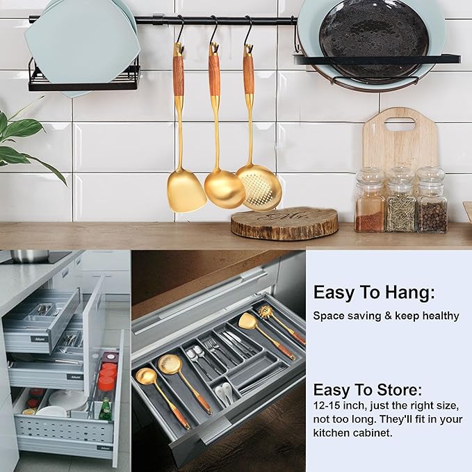 Gold Kitchen Utensils Set with Wooden Handle, 6 PCS Professional Stainless Steel Cooking Utensils Set, Wok Spatula, Ladle, Skimmer, Slotted Spatula Turner, Spaghetti Spoon, Large Spoon