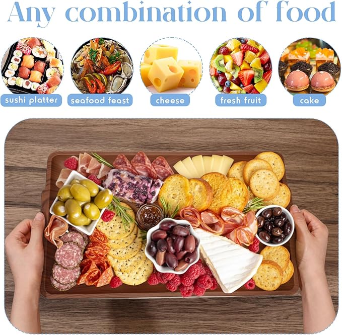 Baderke 2 Set 16" x 9" Plastic Chilled Serving Tray for Parties with Compartments Ice Chilled Party Platter Charcuterie Serving Board Cold Dish Dip for Fruit Seafood Vegetable Appetizer (Dark Wood)