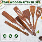 7 PCS Wooden Spatula for Cooking, Natural Teak Wooden Utensil Set, Non-Toxic Wood Cooking Utensil, Handmade Comfort Grip Wood Spoons for Nonstick Cookware