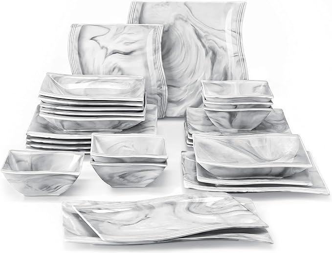 MALACASA Square Dinnerware Sets, 26-Piece Marble Grey Plates and Bowls Sets, Porcelain Dinner Set Microwave Safe, Kitchen Dinnerware Plates Set, Dishes and Bowls, Service for 6, Series Flora