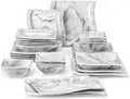 MALACASA Square Dinnerware Sets, 26-Piece Marble Grey Plates and Bowls Sets, Porcelain Dinner Set Microwave Safe, Kitchen Dinnerware Plates Set, Dishes and Bowls, Service for 6, Series Flora