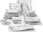 MALACASA Square Dinnerware Sets, 26-Piece Marble Grey Plates and Bowls Sets, Porcelain Dinner Set Microwave Safe, Kitchen Dinnerware Plates Set, Dishes and Bowls, Service for 6, Series Flora