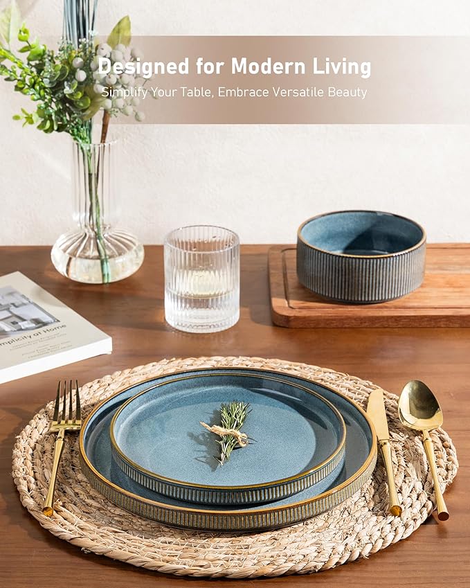 GBHOME 18-Piece Stoneware Dinnerware Set for 6 – Ribbed Ceramic Plates and Bowls, Scratch-Resistant, Microwave & Dishwasher Safe, Reactive Glaze, Reactive Glaze Teal