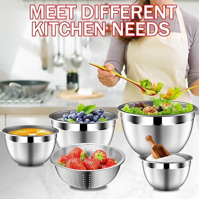 Mixing Bowls with Strainer, Mixing Bowl with Lids Set, Stainless Steel Mixing Bowls, Kitchen Gadgets Salad Bowls with Strainer for Mixing & Preping & Serving, Multicolor
