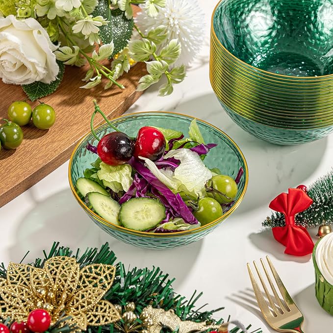 I00000 30 Pack 12 Ounce Clear Green Plastic Bowls Serving Bowls Hammered with Gold Rimmed, Heavy Duty Disposable Bowl Set,Small Bowls for Party Picnic