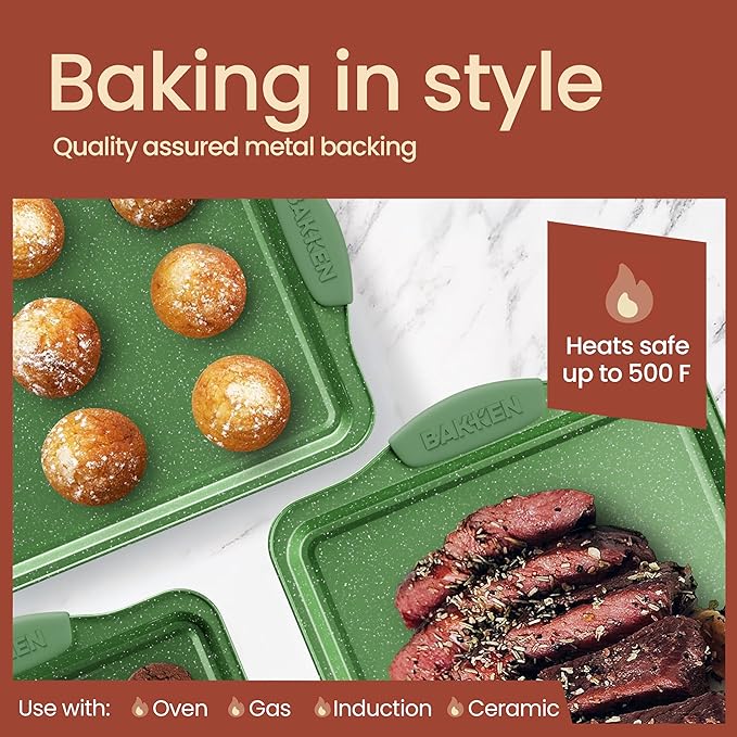 BAKKEN Kitchen Baking Pan Set - Nonstick Green Marble Coating, Carbon Steel Bakeware Sets with Green Silicone Handles, Kitchen Essentials, PFOA, PFOS, PTFE Free, Oven Safe (Up To 450° F), Set of 10