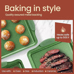 BAKKEN Kitchen Baking Pan Set - Nonstick Green Marble Coating, Carbon Steel Bakeware Sets with Green Silicone Handles, Kitchen Essentials, PFOA, PFOS, PTFE Free, Oven Safe (Up To 450° F), Set of 6