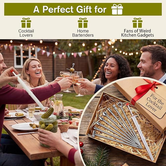 8 PCS Metal Martini Cocktail Picks for Drinks, Reusable Stainless Steel Martini Picks with Pickle Grabber, Dishwasher Safe for Dirty Martinis, Appetizers & Olives, Bloody Mary Bar Supplies