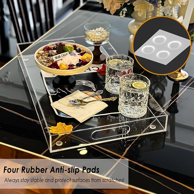 Acrylic Serving Tray with Handles, Extra Large Rectangular Tray for Serving Food, Drinks, Snacks and Appetizer, Outdoor Lucite & Coffee Table Trays, Acrylic Makeup Organizer 12" × 20"
