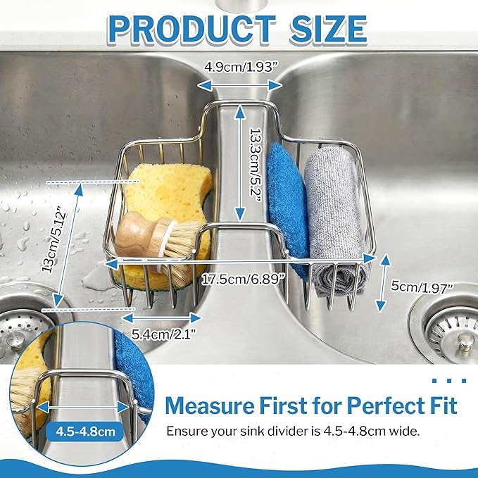 2 Pack Stainless Steel Sponge Holder for Kitchen Sink, Double Sided Sink Caddy Sponge Holder for Brush, Soap, Towel - Rustproof Hanging Organizer for Kitchen Double Basin, Top Width 1.93"