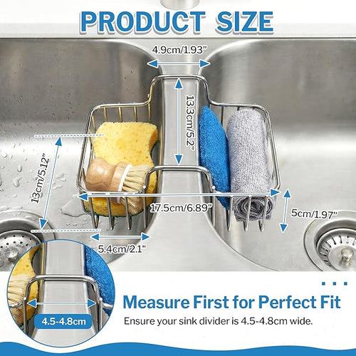 2 Pack Stainless Steel Sponge Holder for Kitchen Sink, Double Sided Sink Caddy Sponge Holder for Brush, Soap, Towel - Rustproof Hanging Organizer for Kitchen Double Basin, Top Width 1.93"