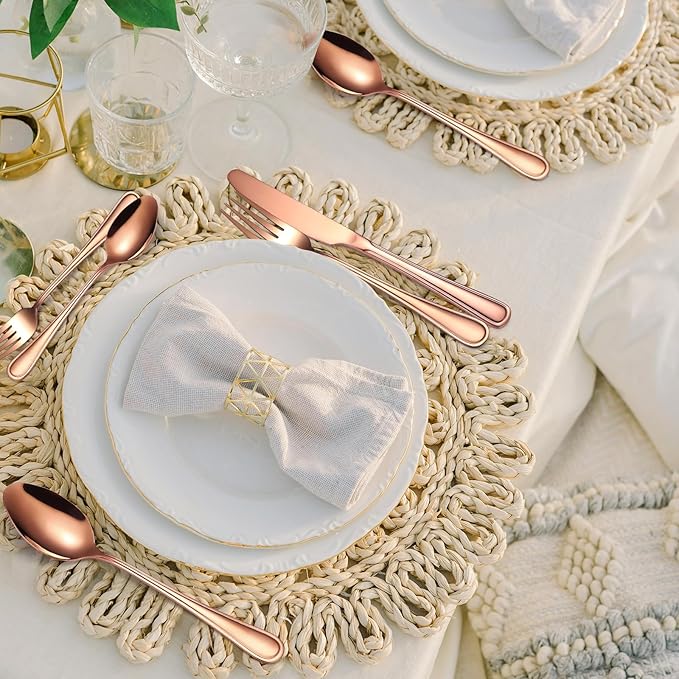 20 Pieces Rose Gold Flatware Set for 4 Person Luxury Stainless Steel Cutlery Forks Knives Spoons Modern Eating Utensils Double Line Edges Handle