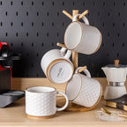 GBhome 12OZ Stackable Coffee Mugs with Stand, Ceramic Coffee Mugs with Texture Patterns for Man,Woman,Dad,Mom, Modern Coffee Cups Set of 4 for Latte/Cappuccino/Cocoa. Dishwasher&Microwave Safe