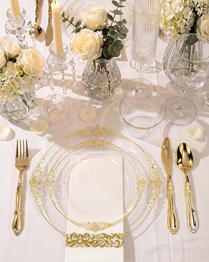 Morejoy 175PCS Clear and Gold Plastic Plates - Clear Plastic Dinnerware Set Include 25Dinner Plates, 25Dessert Plates 75Cutlery, 25Cups, 25Napkin Perfect for Party & Wedding