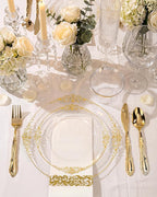 Morejoy 175PCS Clear and Gold Plastic Plates - Clear Plastic Dinnerware Set Include 25Dinner Plates, 25Dessert Plates 75Cutlery, 25Cups, 25Napkin Perfect for Party & Wedding