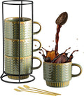 Miamolo Coffee Mugs Set of 4 with Spoons & Rack, Stackable Espresso Cups 13oz Coffee Mug for Drinks Latte Cappuccino Tea, Turkish Coffee Cup for Housewarming Wedding Gift, Dishwasher Safe