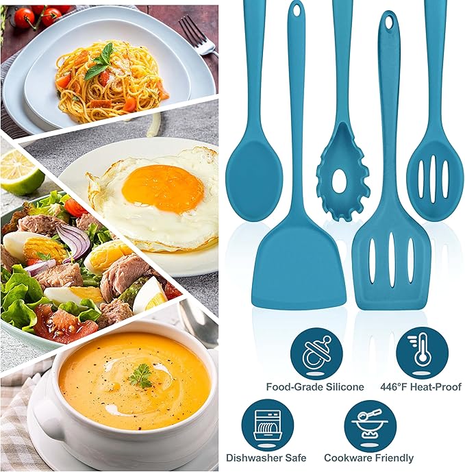 TeamFar Silicone Cooking Utensils Set, 5-Piece Heat Resistant Kitchen Utensils Set, Nonstick Slotted Solid Spoon Turner Pasta Server for Frying, Serving, Mixing, Non-Toxic & Dishwasher Safe, Dark Blue