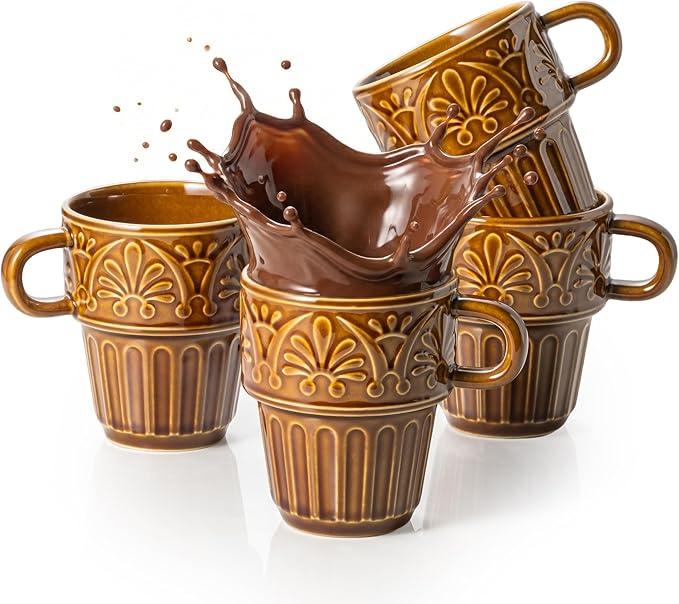 Ceramic Coffee Cups, Coffee Mugs Set of 4, 12 OZ Ceramic Mugs, Stackable Mug, Brown, Microwave & Dishwasher Safe for Hot Drinks Cocoa Latte, Perfect for Daily Use Gathering & All Holiday Gifts
