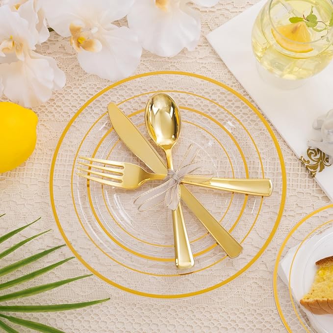 700 Pieces Gold Dinnerware Set - 100 Guests Clear Disposable Dinnerware Set for Party, Wedding, Include: 200 Clear Plates with Gold Trim, 100 Cups, 100 Napkins, 100 Plastic Silverware Sets