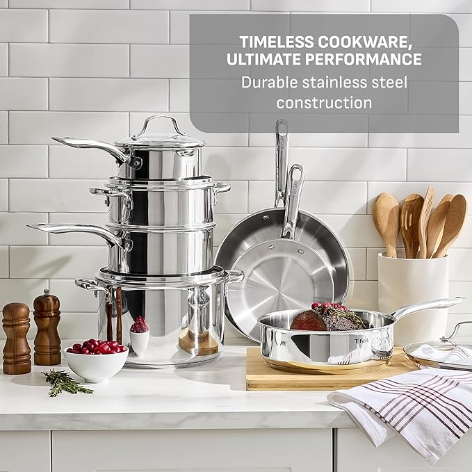T-fal Stainless Steel Pots and Pans Set 11 Piece, Induction, Oven Broiler Safe 500F, Kitchen Cooking Set w/Fry Pans, Saucepans, Saute Pan, Dutch Oven, Steamer, Cookware, Dishwasher Safe, Silver