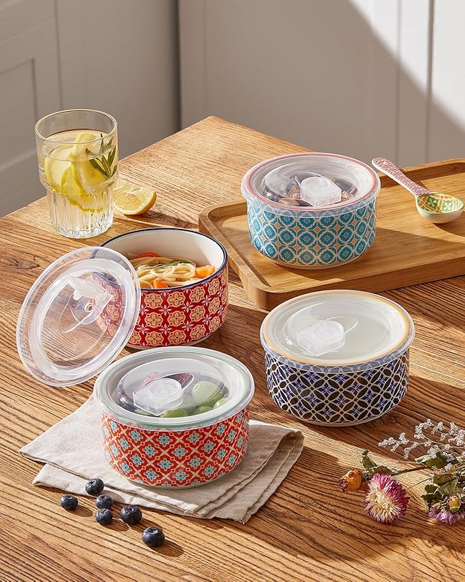 Metahom Ceramic Bowl Set with Lids, Serving Bowls with lids, 5 Inch Prep Bowls for Kitchen, Lunch, Picnic, Microwave & Dishwasher Safe, 20 Oz Set of 4